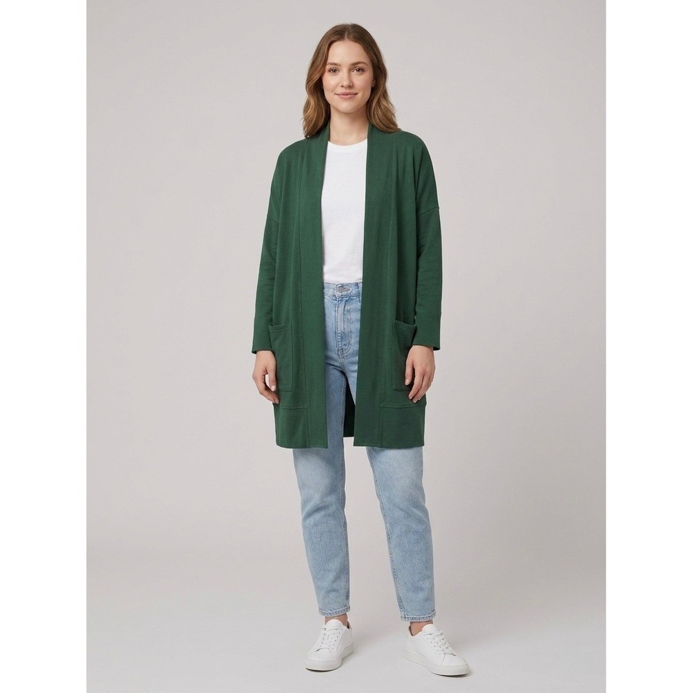 Pact Organic Cotton Cardigan Forest Green Open Front Pocket Sweater XS S